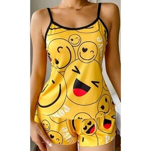 Cartoon Smile Faces Palama Set Women's XL Backless Cami Top Round Neck NEW